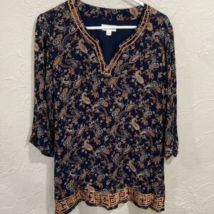 Magnolia Grace Blue Floral And Paisley Tunic Top With Embroidered Trim- Large